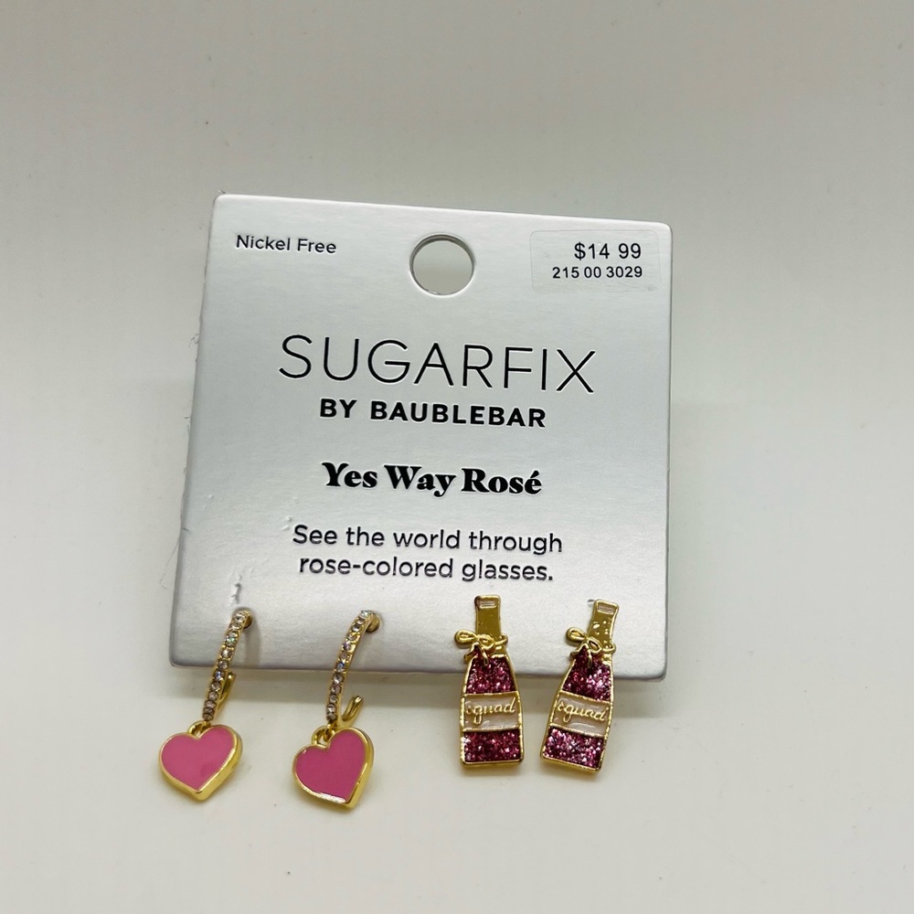 NWT BaubleBar Sugarfix Earrings 2pair Heart CZ Hoops & Rose Bottles.Yes Way Rose
